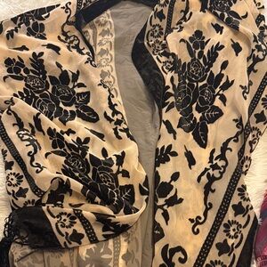 Beige and Black Floral Velvet Burnout Scarf Shawl